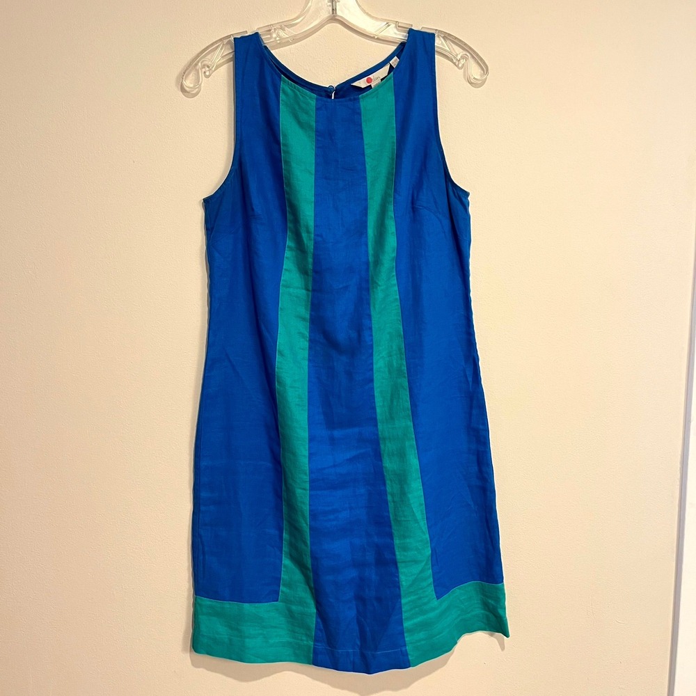 Boden Shift Dress Blue Green Colorblock 100% Linen Sleeveless Womens 6R